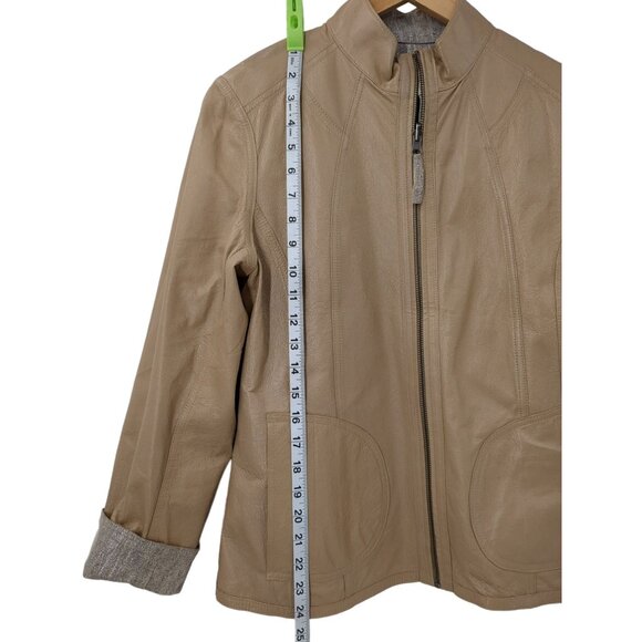 Chicos Reversible Leather Jacket Size 1 M Tan Silver Metallic Travel Full Zip - Picture 9 of 11